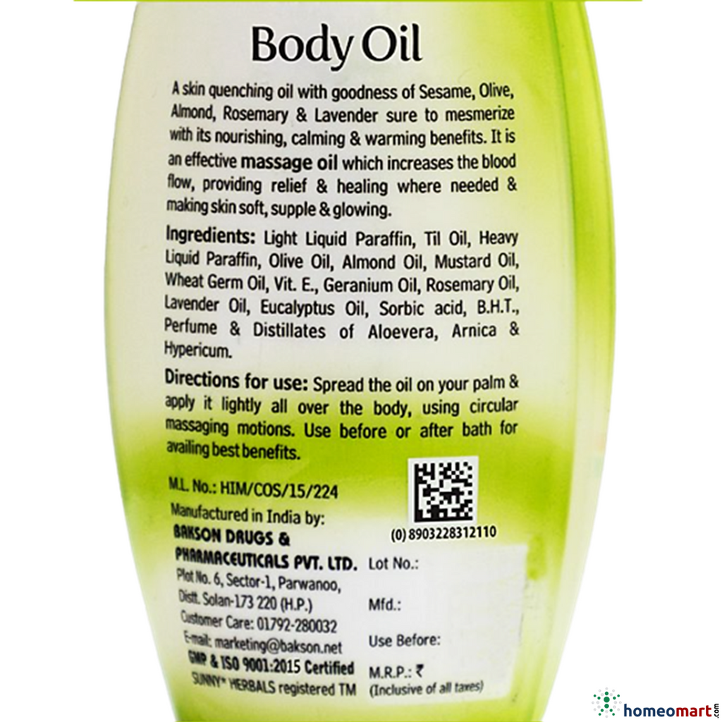 Indications, Ingredients & Directions for use of Sunny Herbals Body Oil