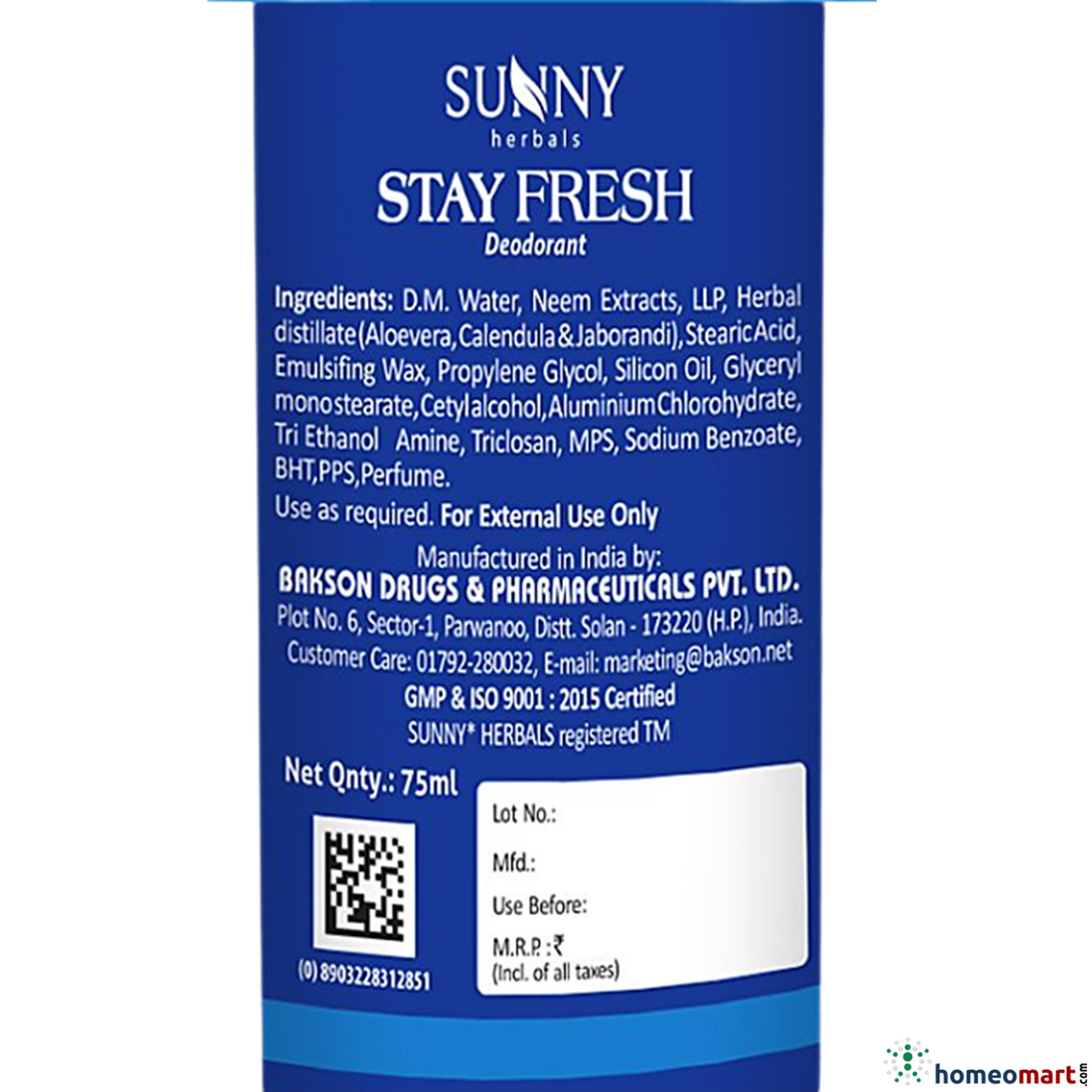 Ingredients of Sunny Herbals STAY FRESH Deodorant
