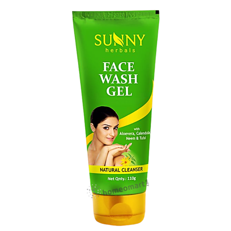 A tube of Bakson's Sunny Herbals Face Wash Gel with Neem, Tulsi, Aloe Vera, and Calendula. The packaging is predominantly green with images of the herbals and a woman smiling.