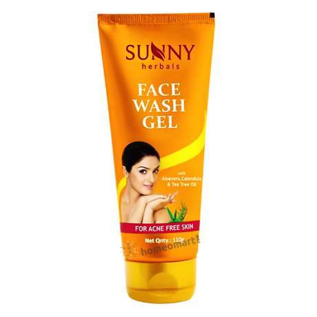A tube of Sunny Herbals Face Wash Gel with a bright orange packaging, featuring an image of a woman with clear skin and text highlighting the product's benefits for acne-free skin.