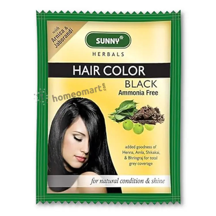 Packaging of Bakson Sunny Herbal Hair Color in Black color with the brand logo and images of herbs. The packaging also highlights that it is enriched with goodness of Arnica, Henna, Shikakai for local and global coverage.