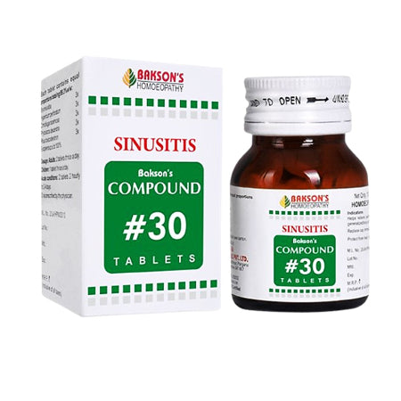 Packaging of Bakson's Compound #30 Sinusitis Tablets, showing both the box and the bottle with white and green labeling.