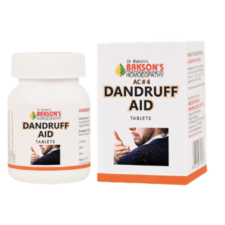 Packaging for Bakson's Dandruff Aid Tablets, showing a white bottle with a label and a box with multiple tablets visible.