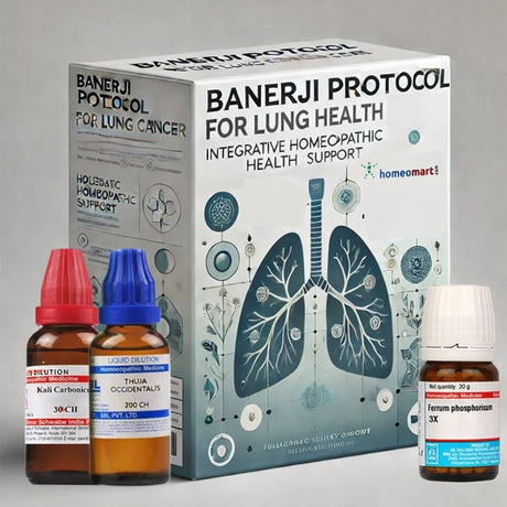 Banerji Protocol for Lung Health (carcinoma of lung) packaging with homeopathic medicine bottles on a gray background