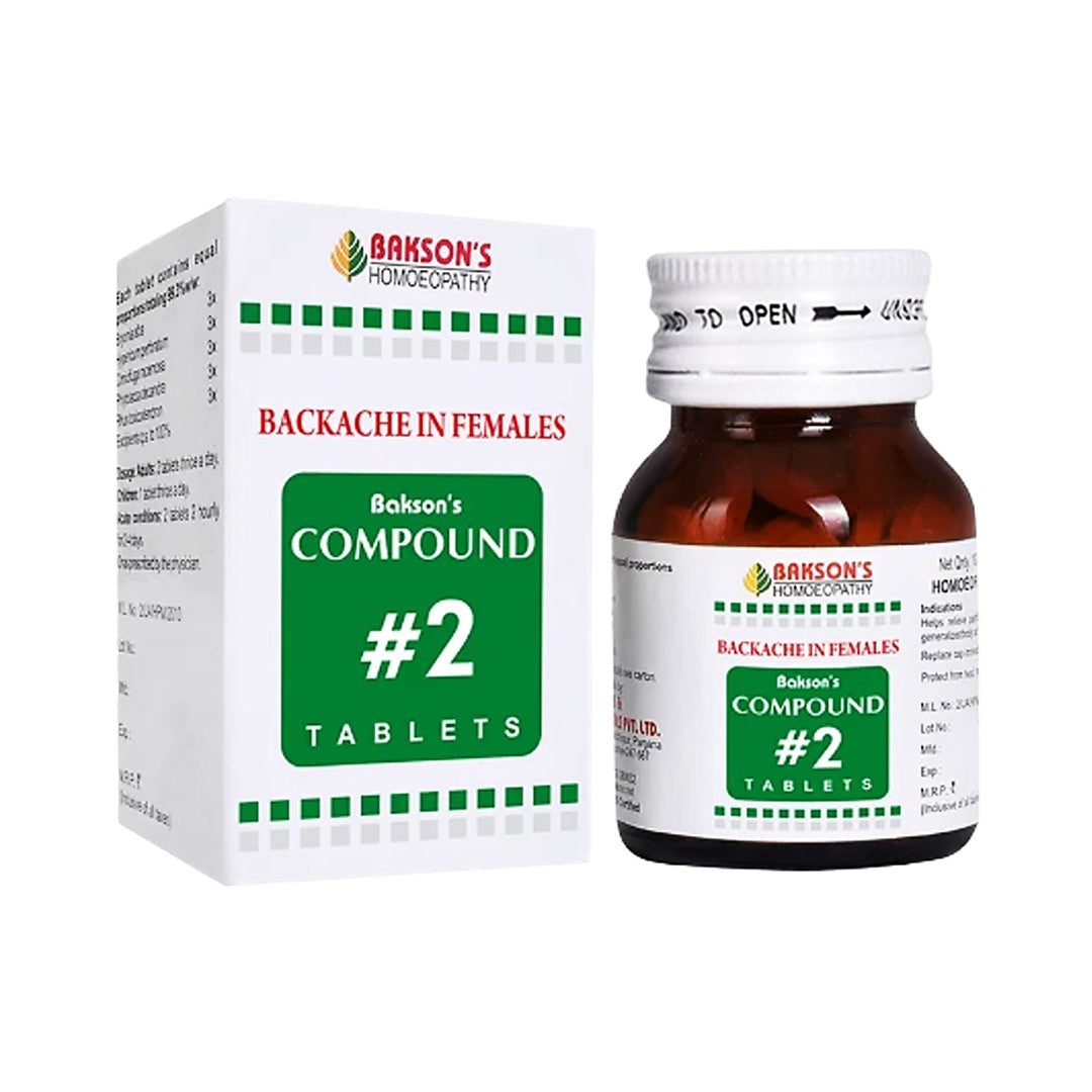 Packaging of Bakson's Compound #2 Tablets for menstrual backache, showing the box and the bottle with green and white labeling.