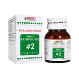 Packaging of Bakson's Compound #2 Tablets for menstrual backache, showing the box and the bottle with green and white labeling.