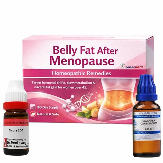 Homeopathic remedies for belly fat after menopause with packaging on a white background