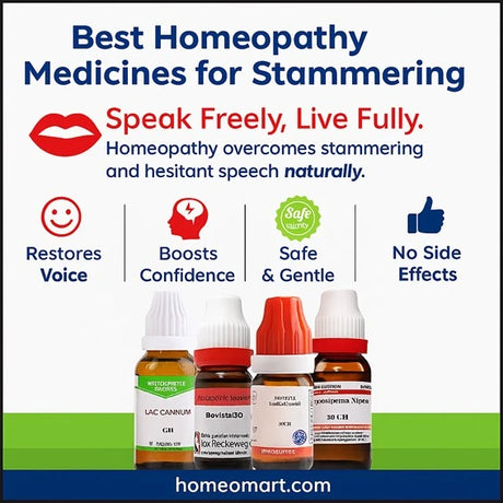 Advertisement for homeopathy medicines for stammering with product bottles displayed.