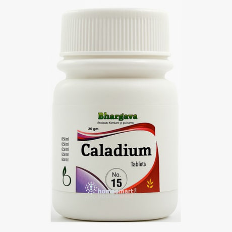 Bottle of Caladium tablets with Bhargava branding on a white background