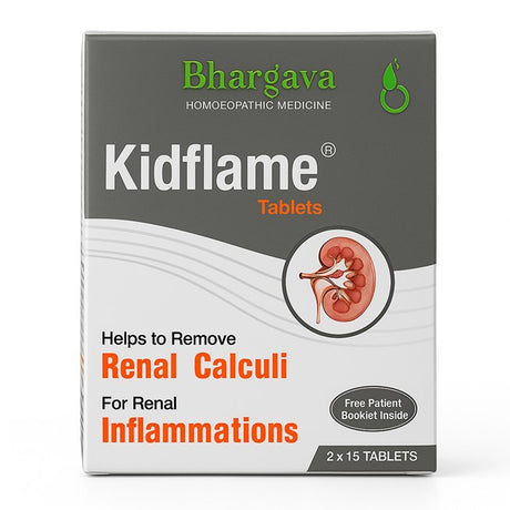 Box of Bhargava Kidflame Tablets for renal inflammations on a white background