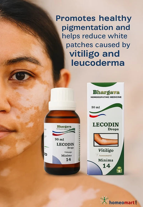 Bhargava Lecodin Drops bottle and box with a woman's face showing white patches.