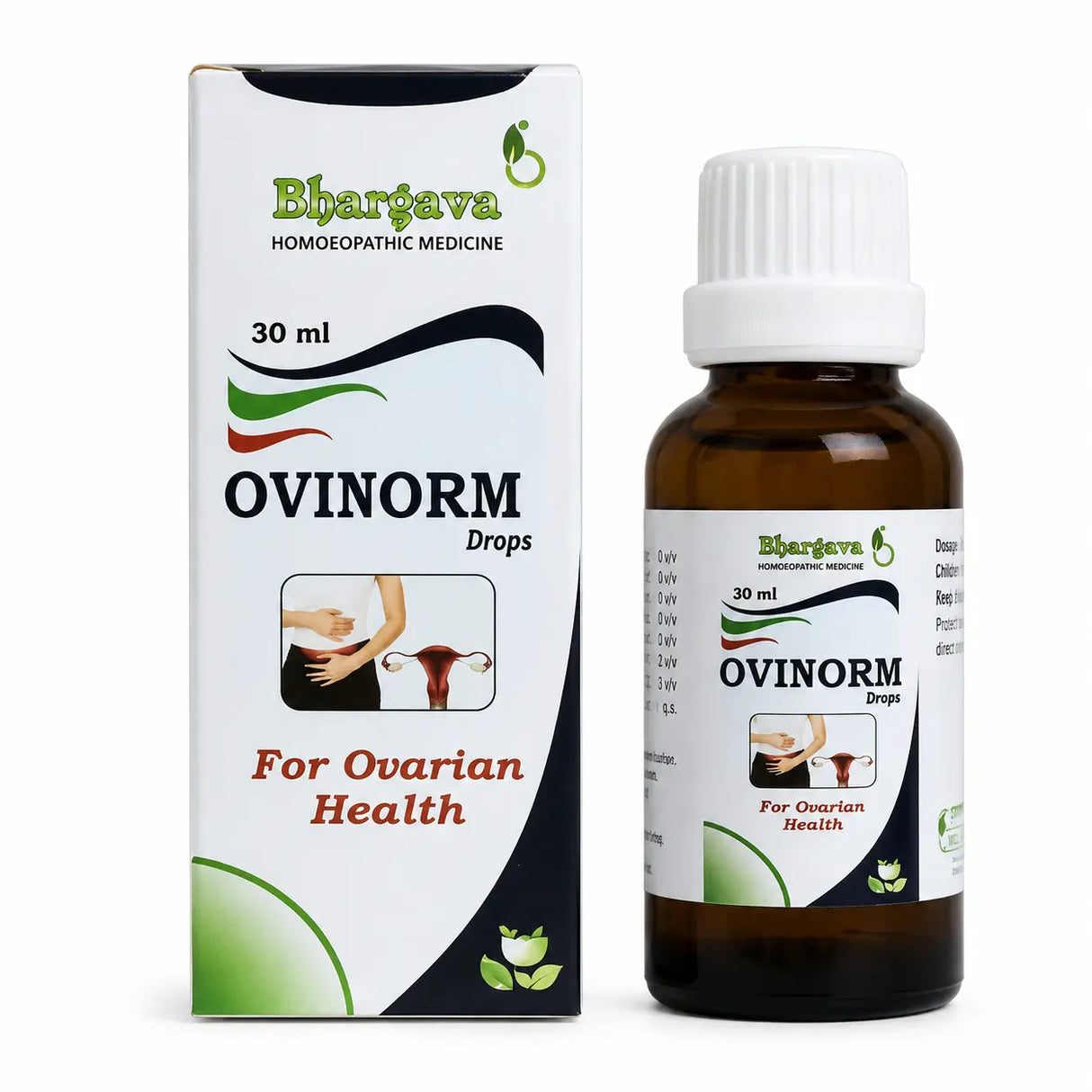 Bhargava Ovinorm drops packaging with bottle on a white background