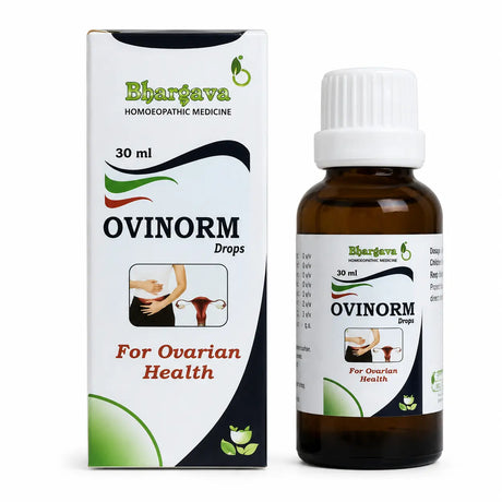 Bhargava Ovinorm drops packaging with bottle on a white background
