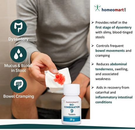 Target dysentery naturally with SBL BC 9—a powerful biochemic blend that relieves cramps, reduces bloody stools, and calms bowel inflammation.