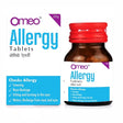 Omeo Allergy Tablets bottle with packaging on a white background