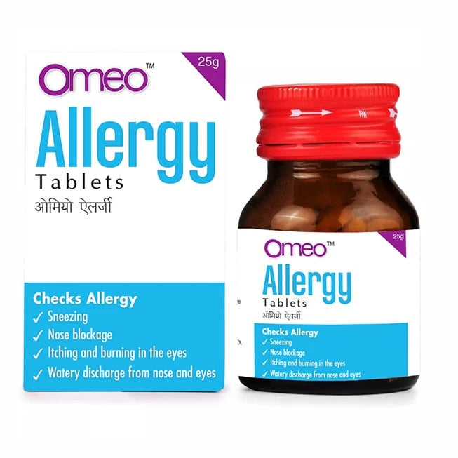 Omeo Allergy Tablets bottle with packaging on a white background