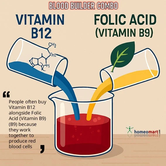 Illustration of vitamin B12 and folic acid being poured into a beaker with text explaining their relationship as blood builder supplement