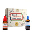 Two bottles of blood circulation products with a box labeled 'Blood Circulation Pills & Drops' on a white background.