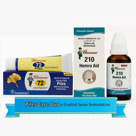 Piles care products including ointment, cream, and liquid on a white background with 'Blocome' branding.