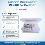 Homeopathy body pain relief kit with labeled components on a light blue background
