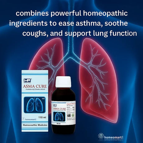 Homeopathic asthma relief products with lungs illustration on a blue background