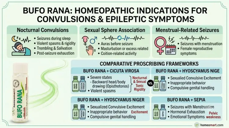 Bufo Rana for violent spasms, Bufo Rana for muscular rigidity, Bufo Rana for post ictal exhaustion, Bufo Rana for trembling and jerking, Bufo Rana for profuse salivation during convulsions, Bufo Rana and Cicuta Virosa, Bufo Rana and Hyoscyamus, Bufo Rana and Sepia, homeopathy for nocturnal convulsions, homeopathic remedy for genital aura, homeopathic remedy for menstrual related convulsions
