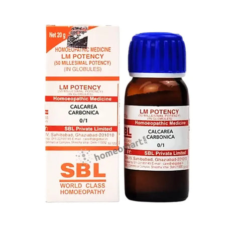 A product image showing SBL LM Potency Calcarea Carbonica medicine, which is a homeopathic remedy for medical purposes. The image shows the packaging and the bottle with the label indicating the brand and the active ingredient.
