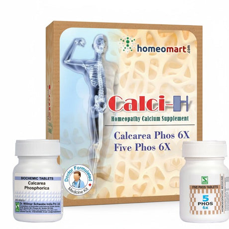 Homeopathy calcium supplement with packaging featuring a skeleton and bones on a white background.