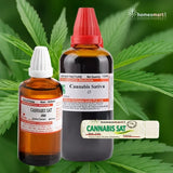 Two bottles of Cannabis Sativa tincture with labels on a green cannabis leaf background, featuring the brand 'homeomart'.