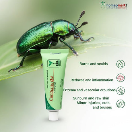 Tube of Cantharis Gel with a green beetle on a leaf, featuring product skin uses.