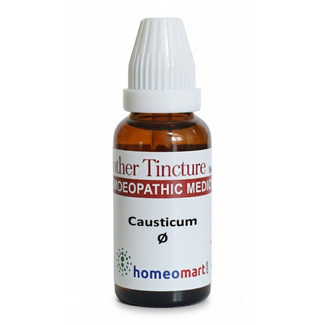 Homeopathic medicine bottle labeled 'Causticum' on a white background