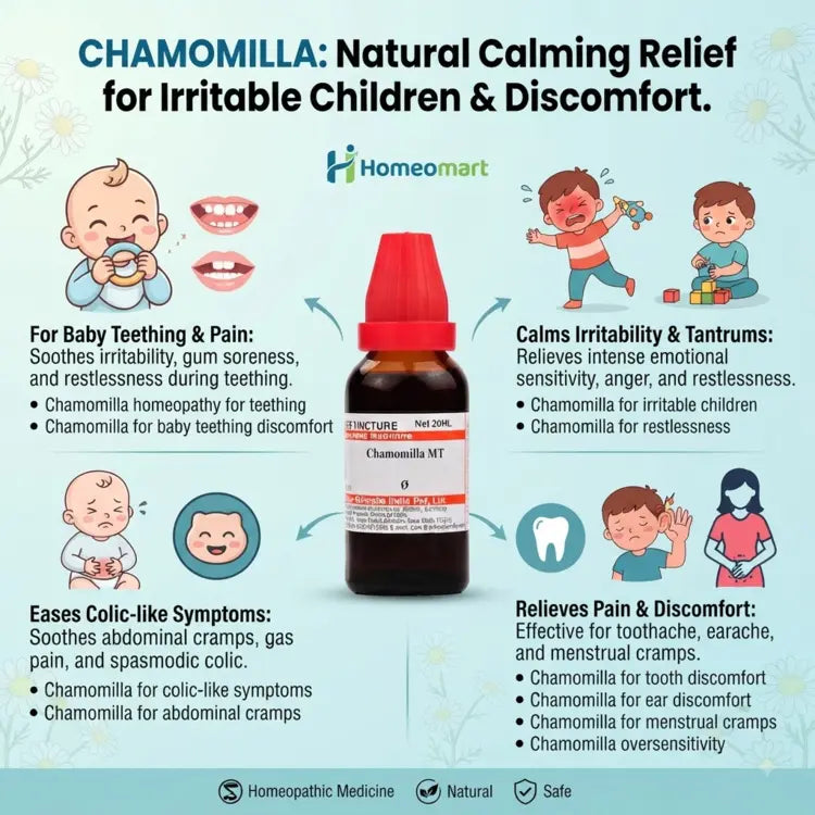 Chamomilla homeopathy for teething, Chamomilla for baby teething discomfort, Chamomilla for colic-like symptoms, Chamomilla for irritable children, Chamomilla for restlessness, Chamomilla for tooth discomfort, Chamomilla for ear discomfort, Chamomilla for abdominal cramps, Chamomilla for menstrual cramps, Chamomilla oversensitivity Materia Medica, Chamomilla traditional homeopathic remedy