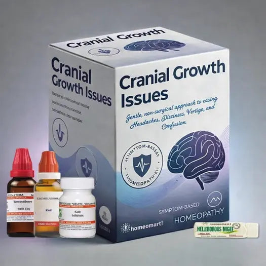 Box labeled 'Cranial Growth Issues' with homeopathic medicines for Brain Tumor on a gray background