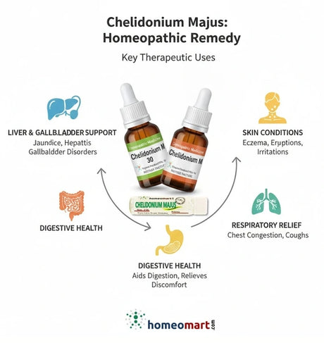 Homeopathic remedy Chelidonium Majus with its key therapeutic uses on a white background.