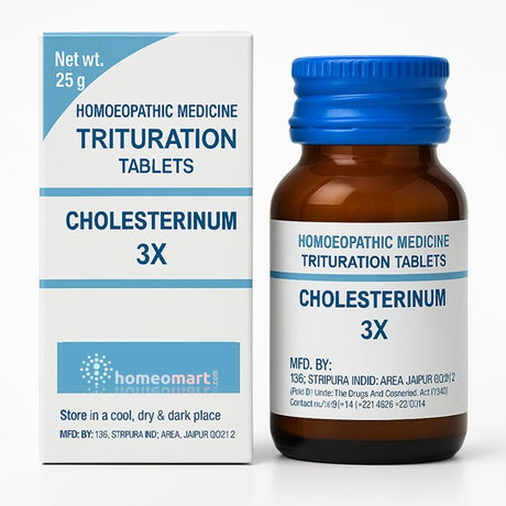 Cholesterinum 3X homeopathic medicine bottle and packaging on a white background
