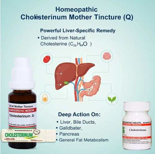 Cholesterinum Homeopathic medicine with liver diagram and product packaging on a light blue background
