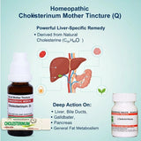 Cholesterinum Homeopathic medicine with liver diagram and product packaging on a light blue background