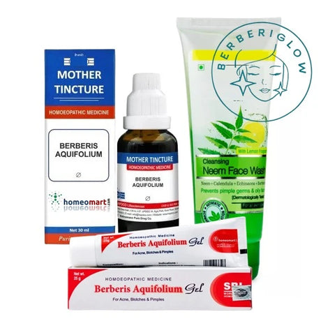Collection of Berberis Aquifolium products including tincture, gel, and face wash on a white background 