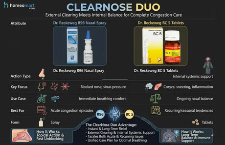 ClearNose Duo product description with nasal spray and tablets on a dark background