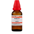 Bottle of Bacillus Coli homeopathic medicine with a red cap on a white background
