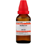 Bottle of Bacillus Coli homeopathic medicine with a red cap on a white background