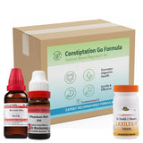 Constipation treatment kit with bottles and a box labeled 'Constipation Go Formula' on a white background.