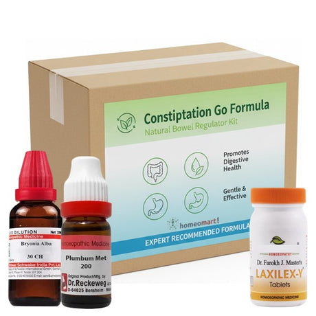Constipation treatment kit with bottles and a box labeled 'Constipation Go Formula' on a white background.