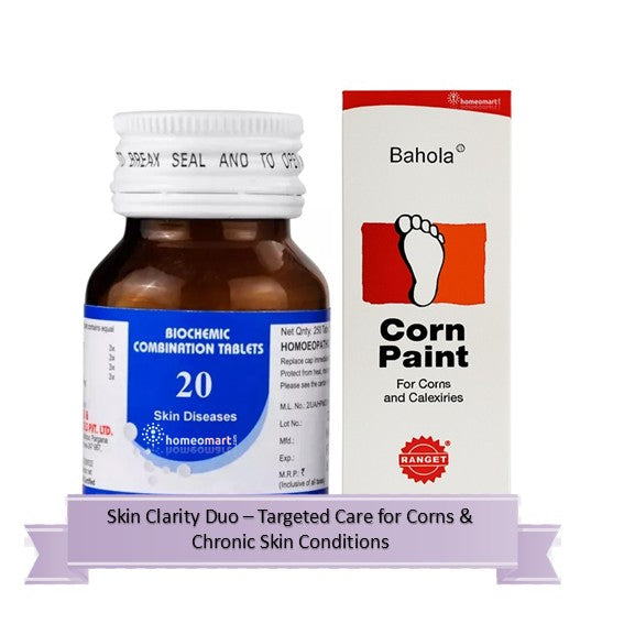 Bottle of Biochemic Combination Tablets and a box of Bahola Corn Paint on a white background