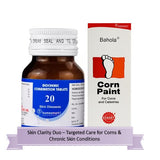 Bottle of Biochemic Combination Tablets and a box of Bahola Corn Paint on a white background