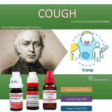 Homeopathy products for cough and croup with a historical figure Clemens Maria Franz von Bönninghausen and illustrations on a green background.