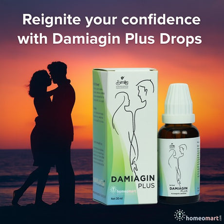 Damiagin Plus Drops packaging with a couple embracing at sunset, featuring the brand 'homeomart'.