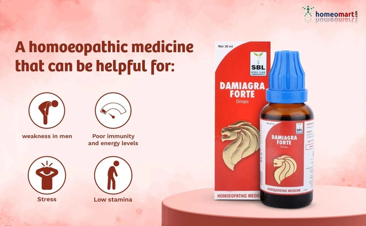 Homeopathic medicine bottle and packaging with male power benefits listed on a pink background