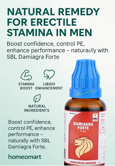 Bottle of SBL Damiagra Forte with infographic about natural remedy for erectile stamina in men.