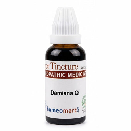 Damiana mother tincture homeomart, buy Damiana Q online, Turnera diffusa tincture, Damiana homeopathic medicine, Damiana 1X drops, Damiana mother tincture price, buy Damiana drops 30ml, natural aphrodisiac homeopathic drops
